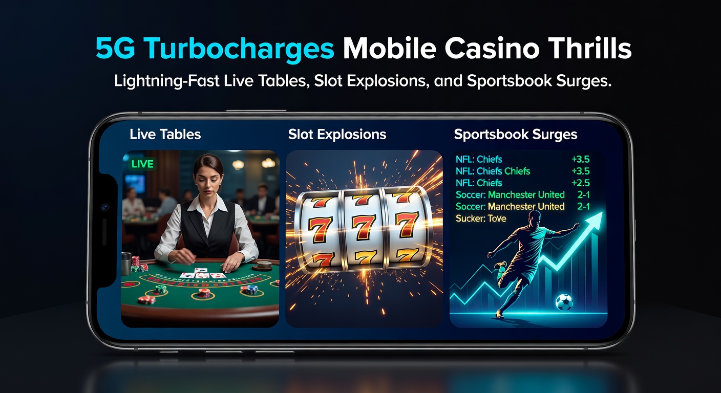 Smartphone met 5G-signaal dat een live casino-tafel streamt met snelle animaties en een slotmachine die draait