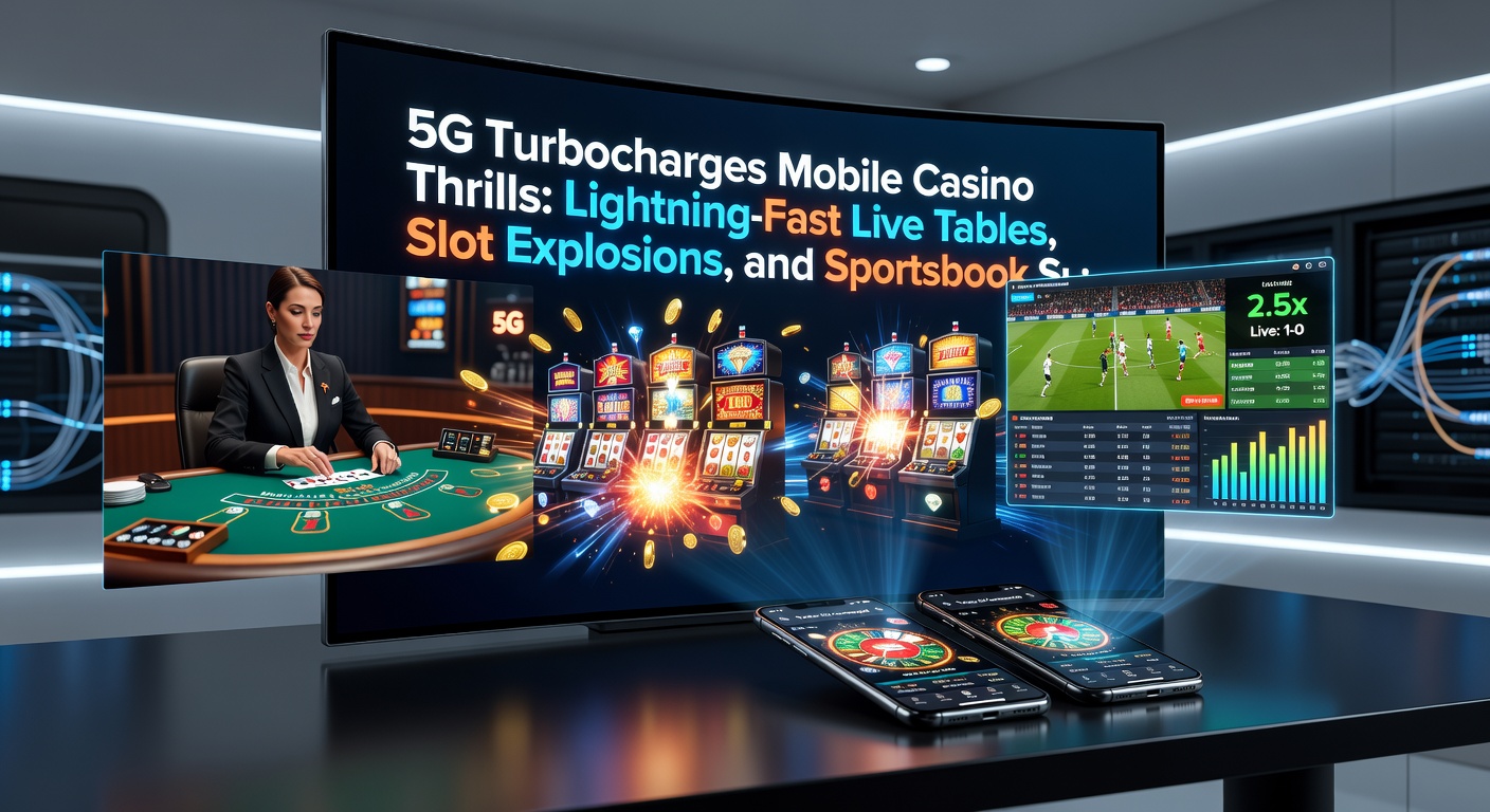 Explosieve slot-animaties op een mobiel scherm met 5G-icoon, vuurwerk-effecten en draaiende reels in volle snelheid