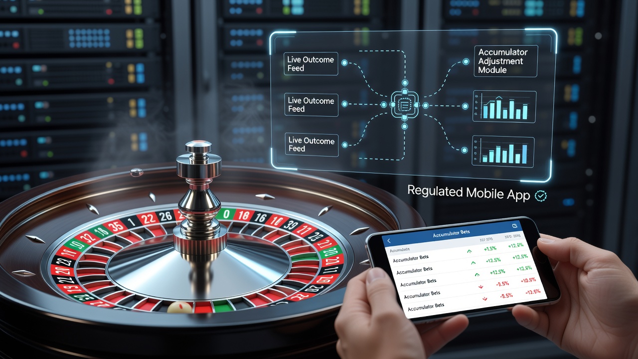 Illustratie van adaptieve algoritmes die live roulette-uitkomsten analyseren en accumulatoren aanpassen in mobiele casino-apps