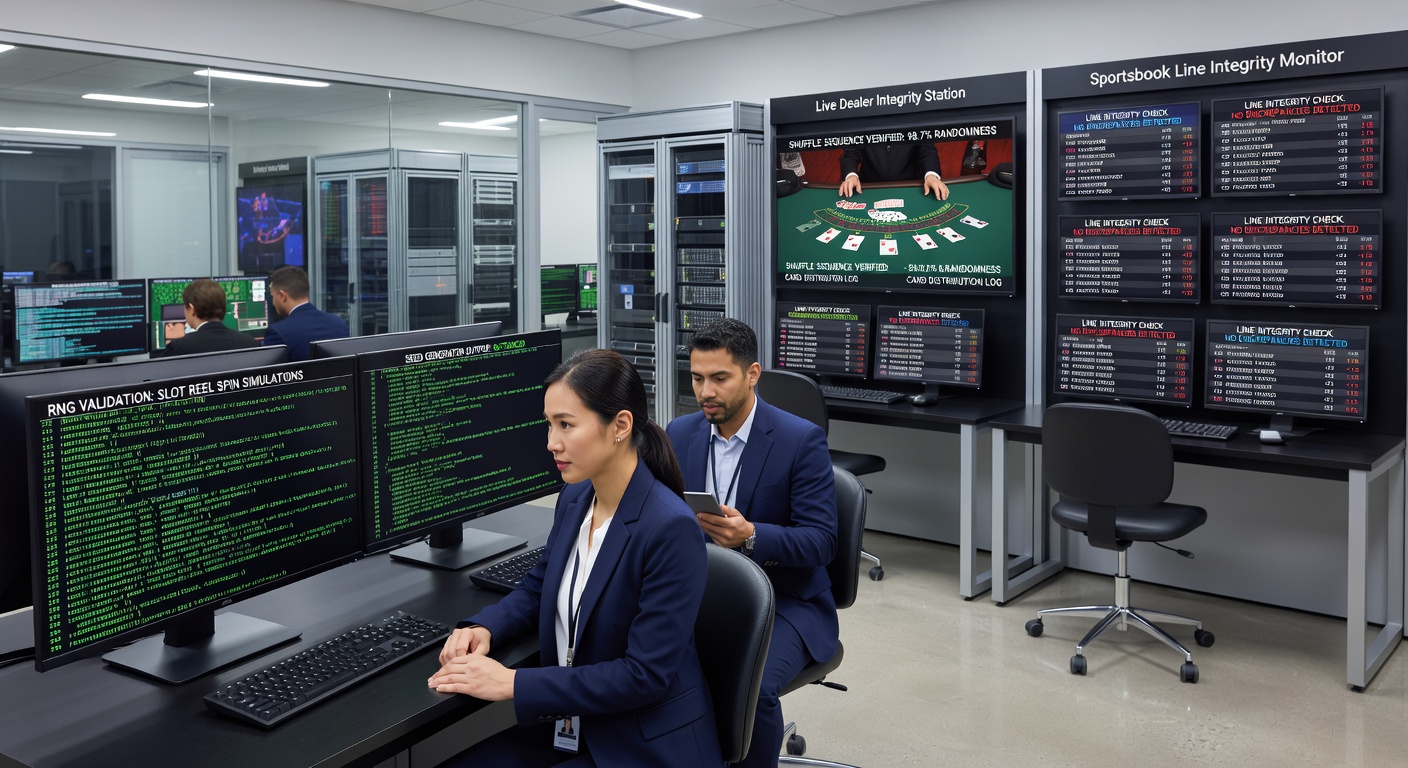 Technici controleren RNG-software tijdens een casino-audit, met schermen vol algoritmes en testresultaten