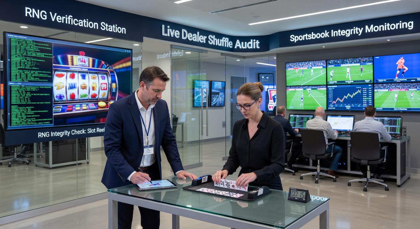Live dealer schudt kaarten tijdens een gecontroleerde audit-sessie, met auditors op de achtergrond die data analyseren