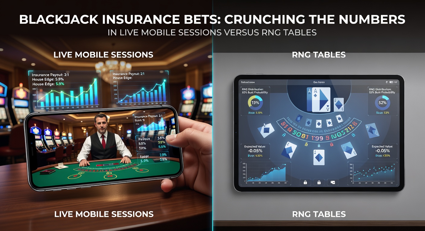 Grafiek die de odds van blackjack insurance bets vergelijkt tussen live en RNG tafels, met house edge percentages zichtbaar