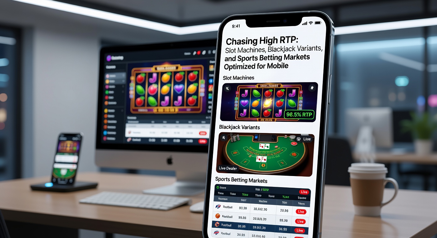 Smartphone met live blackjack variant en sportweddenschappen odds op een voetbalwedstrijd, high RTP indicatoren zichtbaar