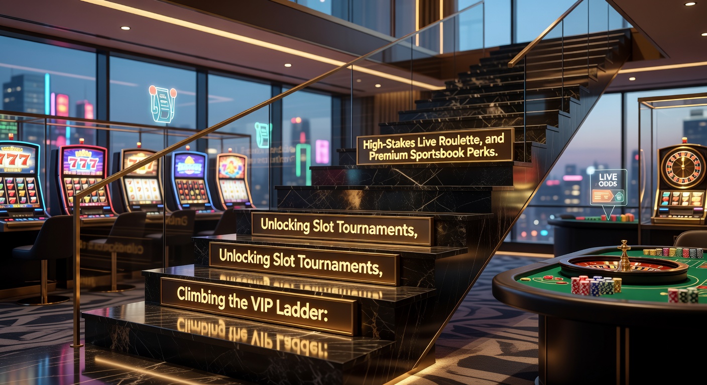 VIP-ladder met symbolen voor slottoernooien, roulette en sportsbook in een online casino-omgeving