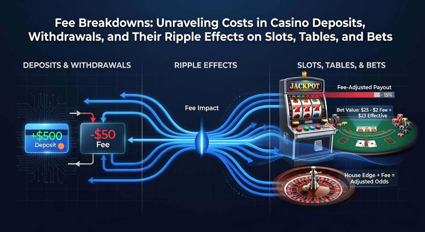 Overzicht van fee-structuren bij casino-transacties, met grafieken van stortings- en opnamekosten voor verschillende betaalmethoden