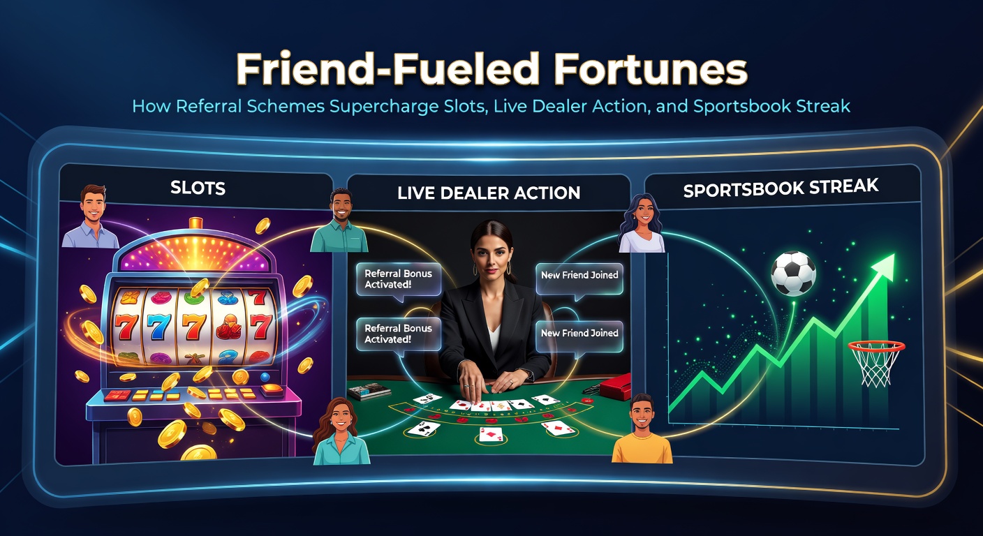 Vrienden die elkaar verwijzen naar online casino bonussen, met symbolen van slots, live tafels en sportweddenschappen