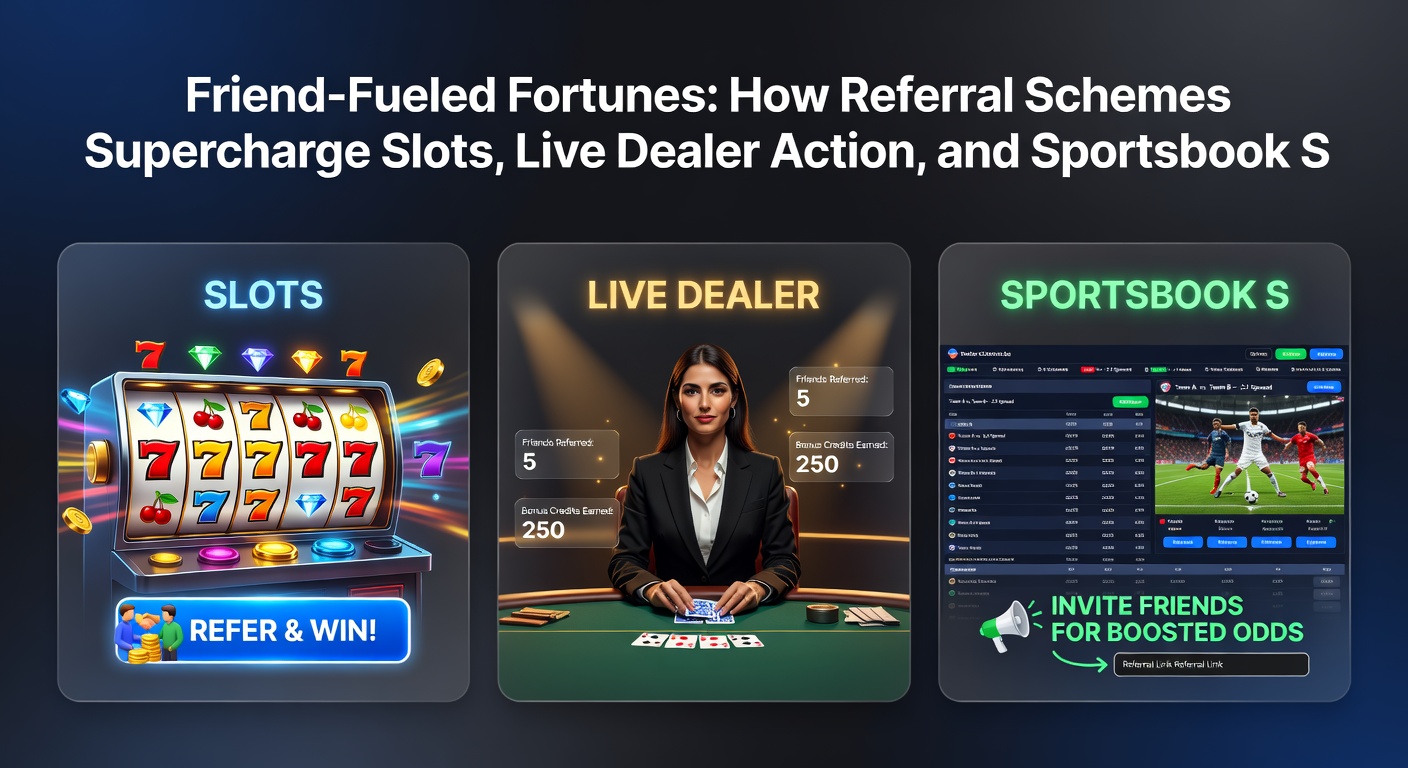 Grafiek met groei van referrals in slots en sportsbooks, met iconen van vriendennetwerken en winnende streaks