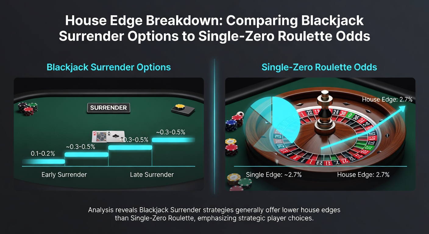 Grafiek die het huisvoordeel in blackjack met surrender vergelijkt met europees roulette, met balken voor verschillende scenario's