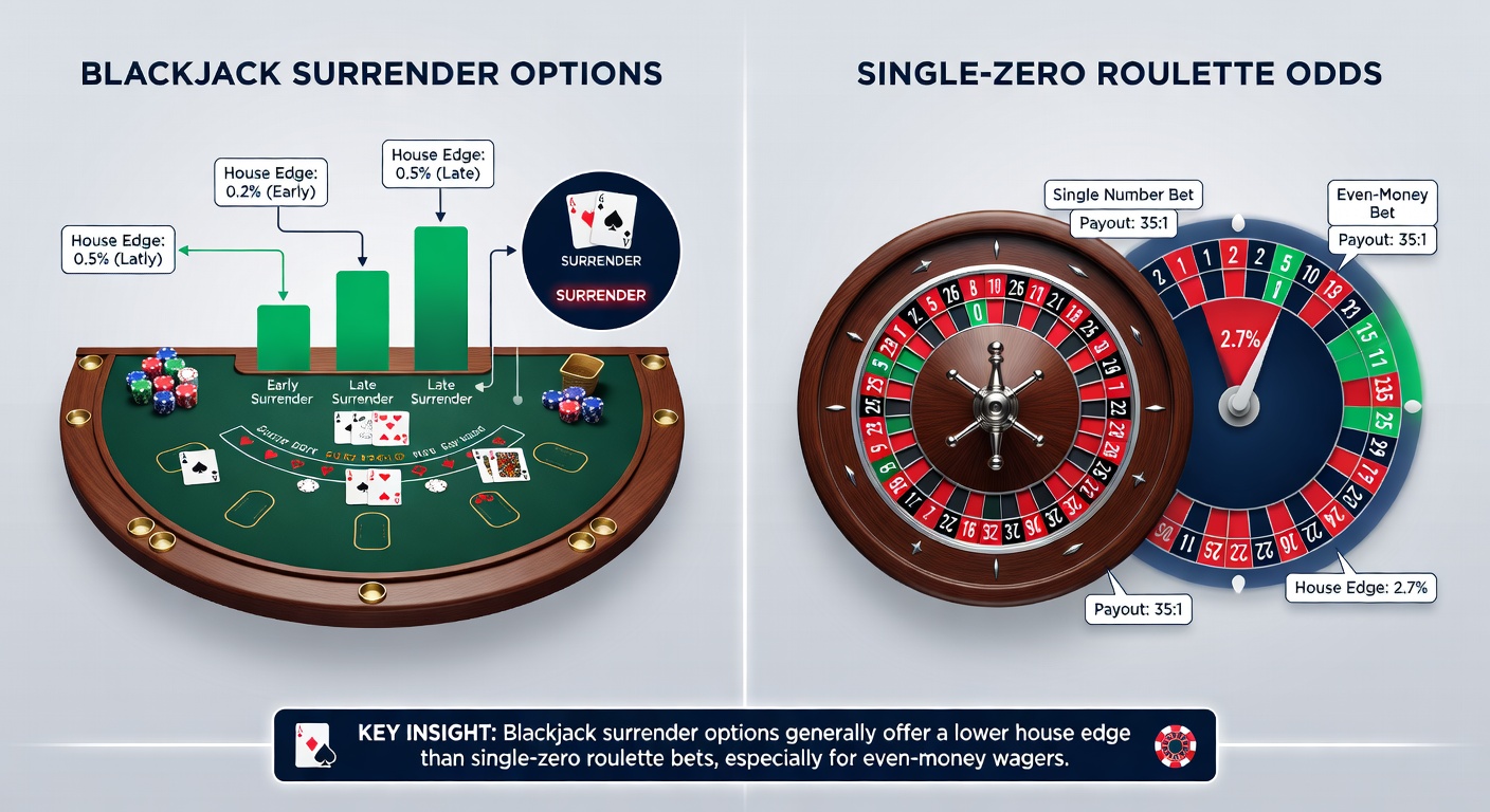 Roulettewiel met single-zero pocket, naast een blackjacktafel met surrender-optie, illustrerend de vergelijking van odds