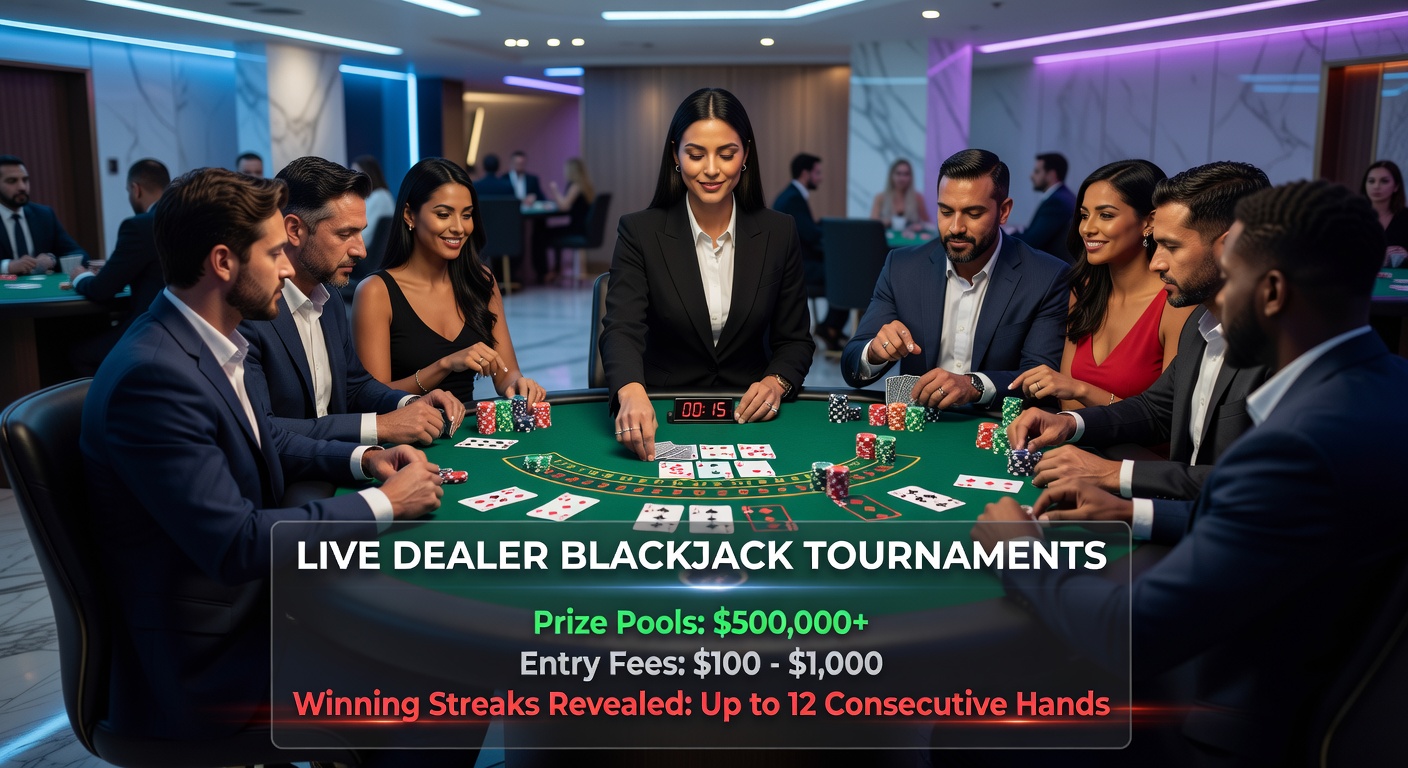 Spannende live dealer blackjack toernooi actie met spelers aan tafels en een dealer die kaarten deelt
