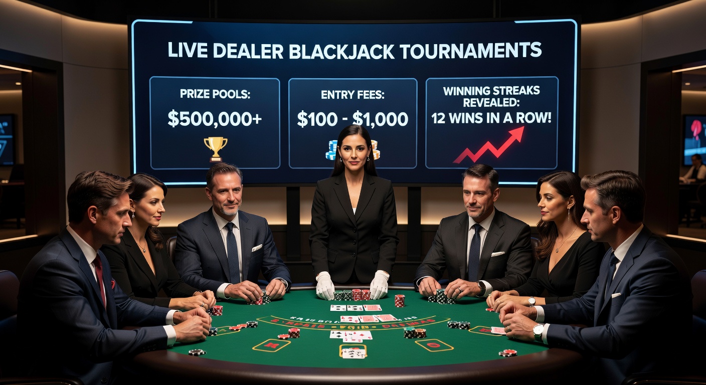 Leaderboard van een live blackjack toernooi met prijzen en spelersnamen in een casino-omgeving