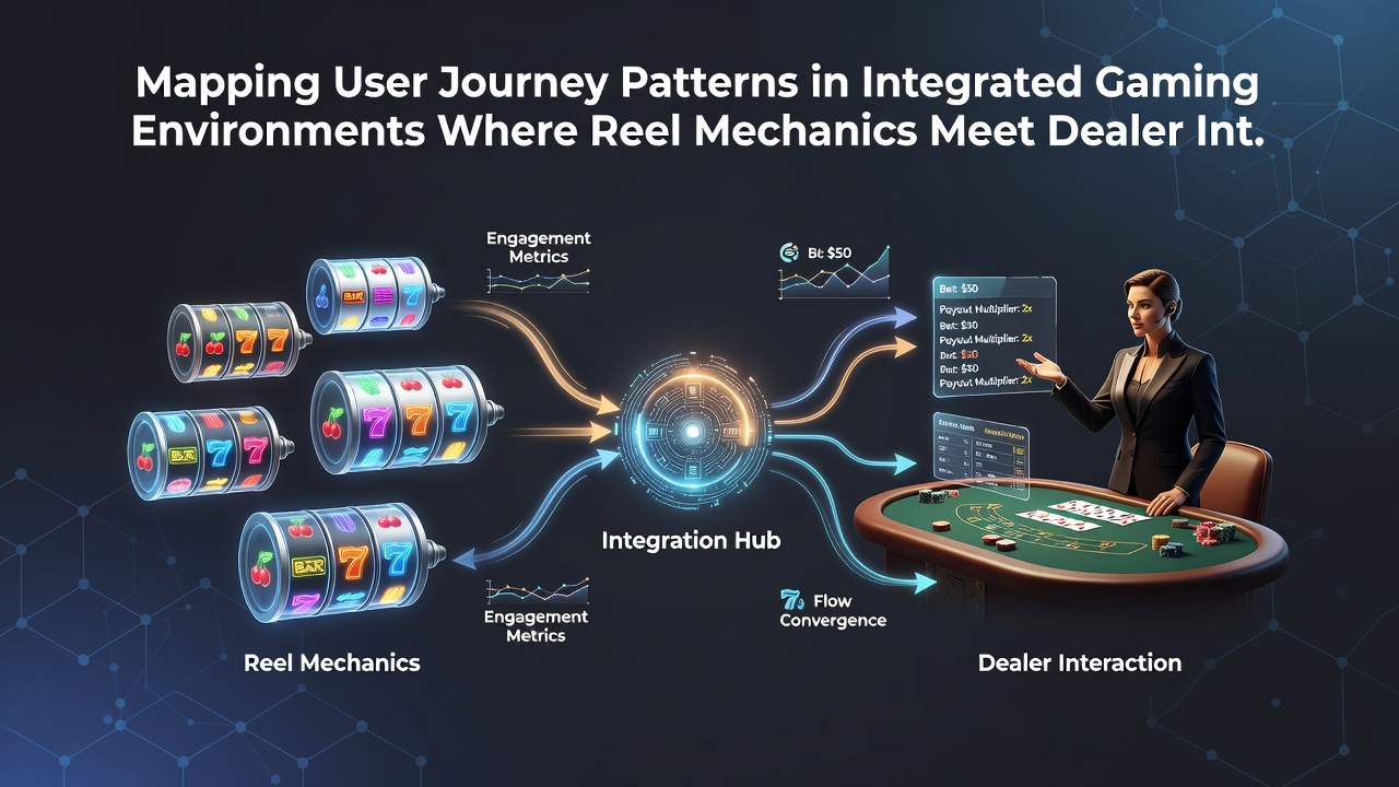 Gebruikersstroomdiagram met reel-spins, live dealer sessies en sportodds in een mobiele app