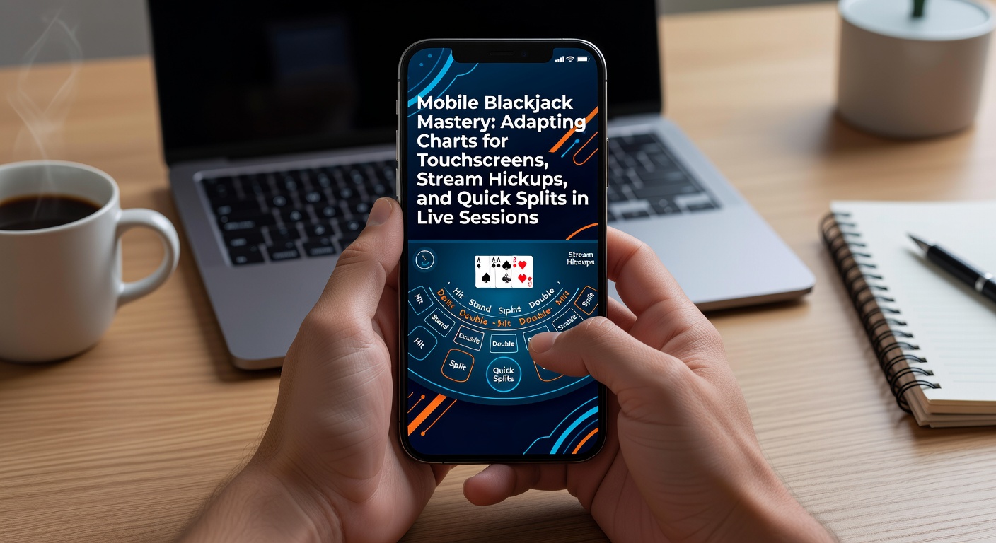 Een speler houdt een smartphone vast tijdens een live blackjack sessie, met een strategiekarta zichtbaar op het touchscreen en een dealer op de achtergrond via stream.