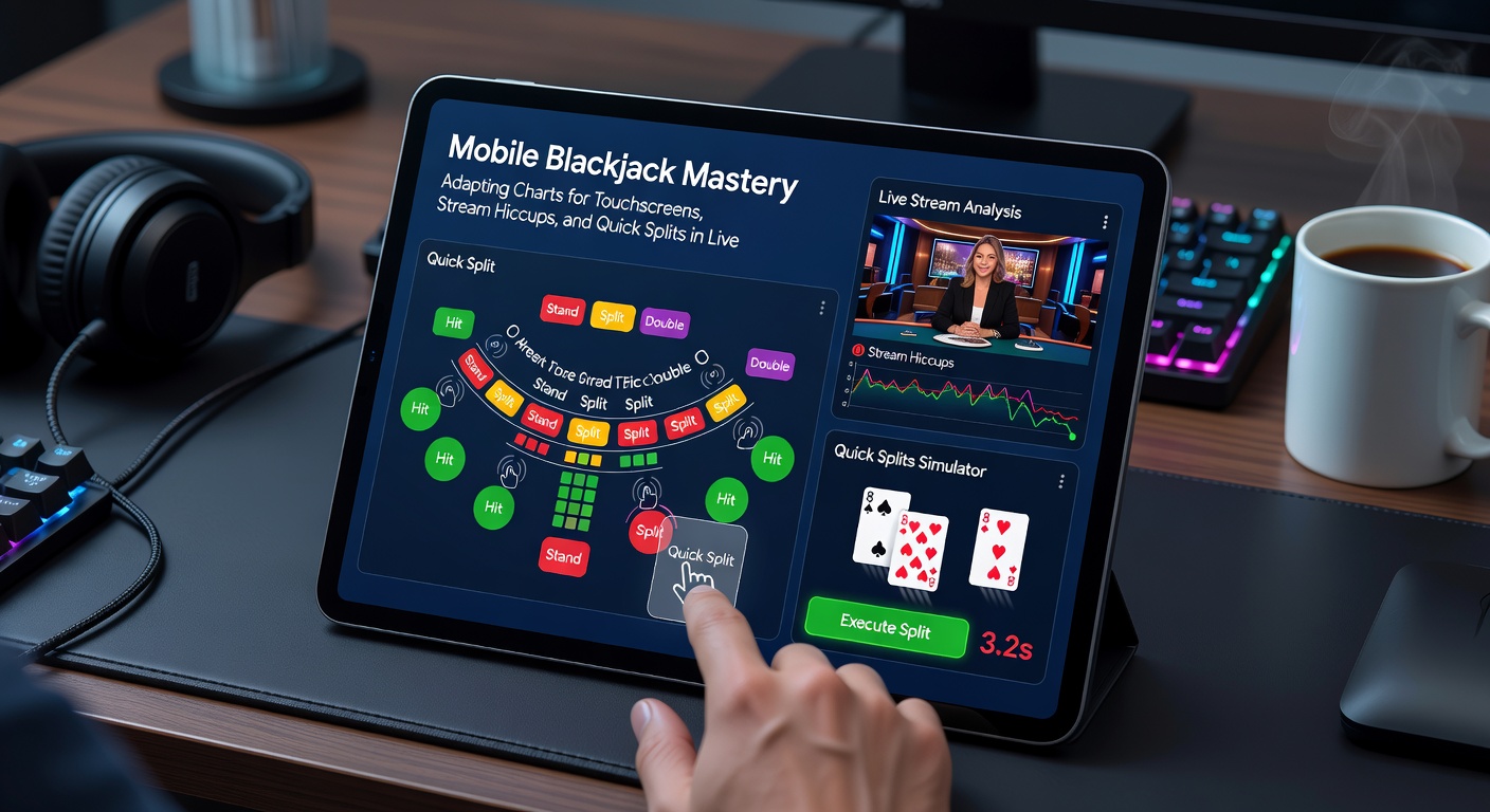 Close-up van een touchscreen met een blackjack strategiechart, vingers die een split beslissing maken terwijl de live stream dealer een kaart uitdeelt.