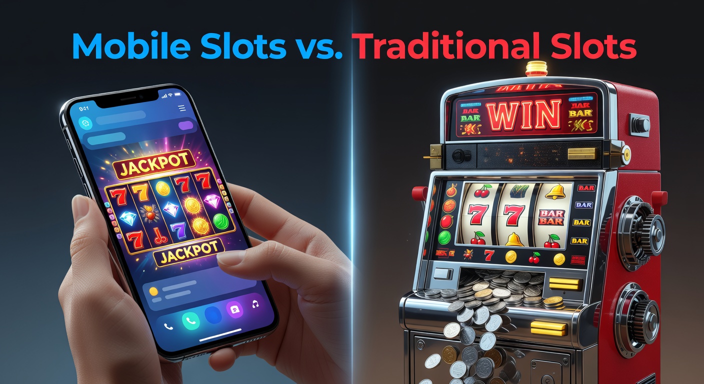Smartphone met kleurrijke mobile slot game op scherm, naast een fysieke gokkast in een casino