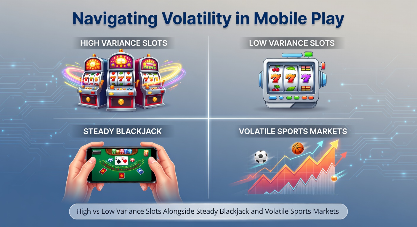 Grafiek met volatiliteitscurves van slots, blackjack en sportweddenschappen op mobiel scherm, illustrerend pieken en dalen in winstkansen