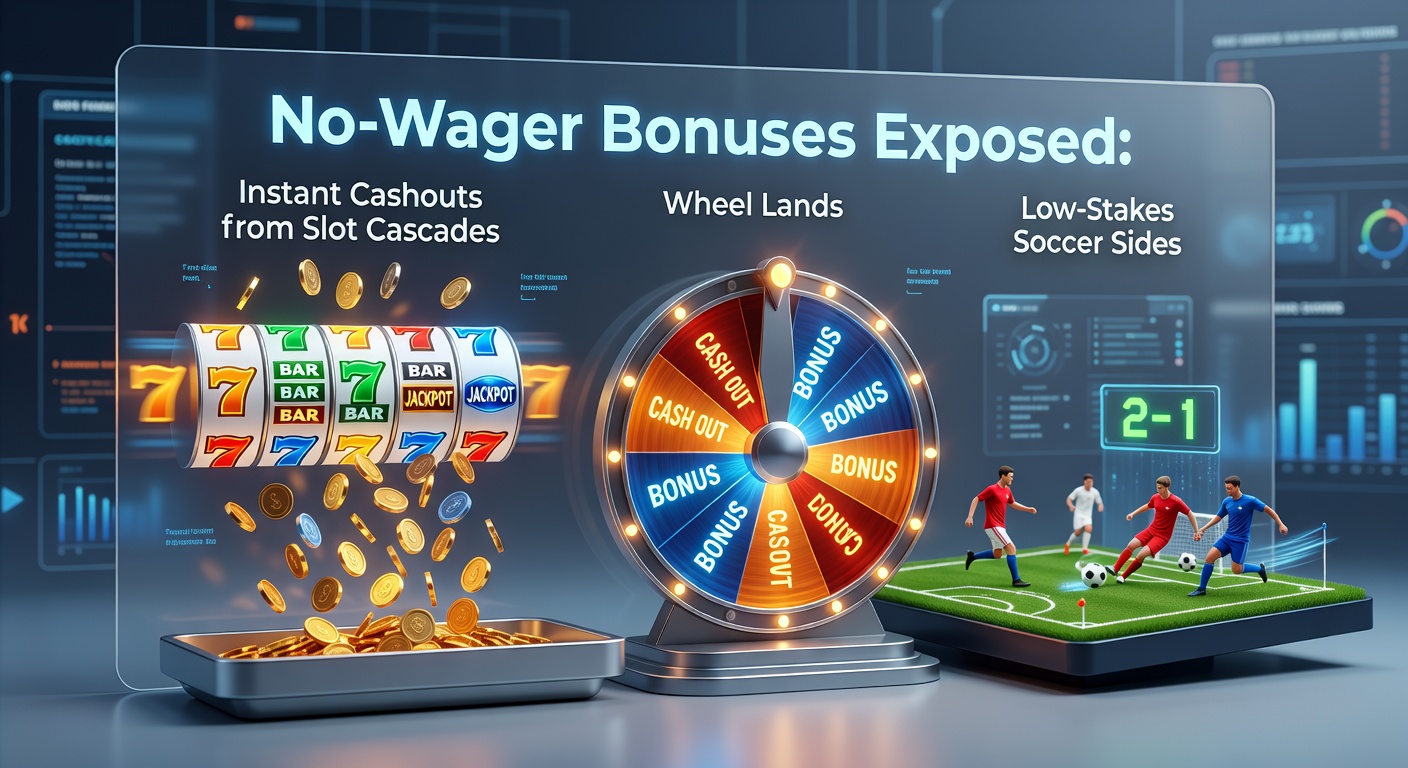 Grafische weergave van een no-wager bonus in actie met vallende slot-symbolen en een draaiend wiel dat direct geld uitbetaalt