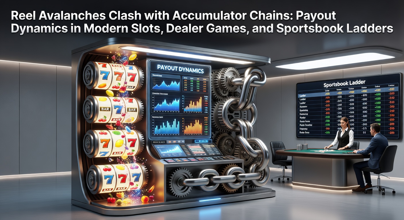 Grafische weergave van reel-avalanchen in een moderne gokkast met vallende symbolen en opeenstapelende winsten, naast een accumulator-keten in een sportsbook-interface