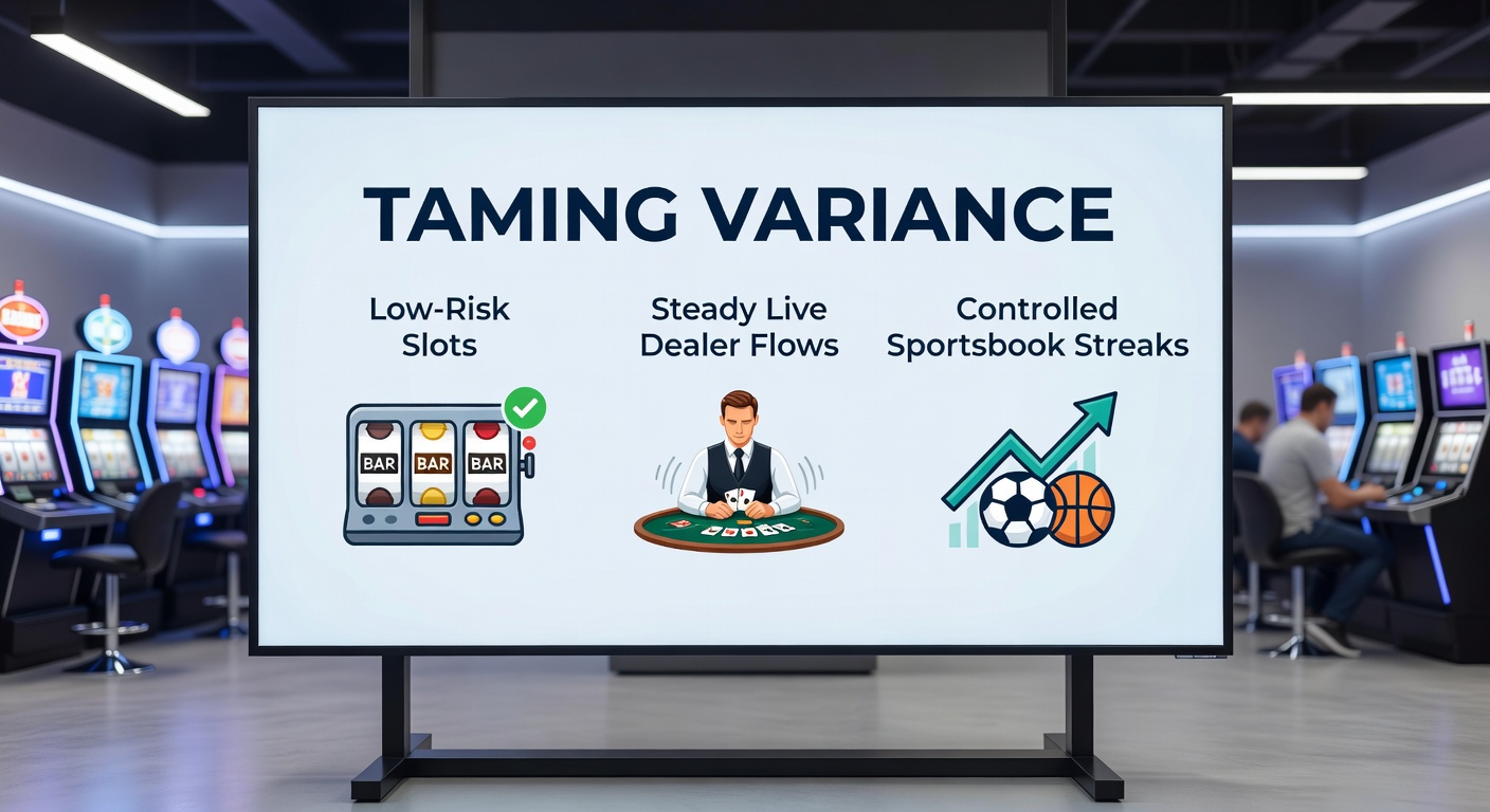 Grafiek met lage variance curves voor slots, live dealer en sportsbooks, illustrerend stabiele winstkansen