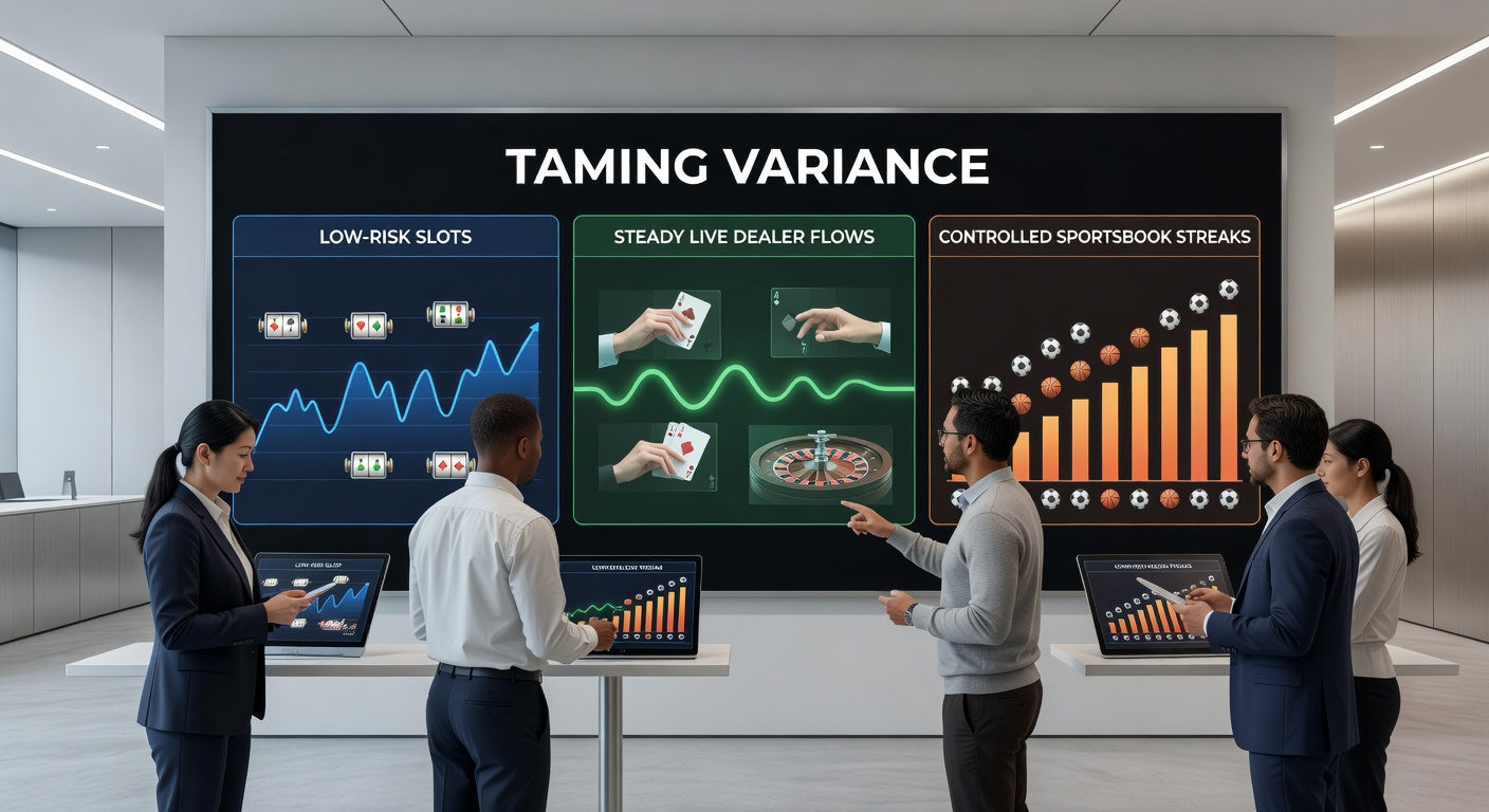 Vergelijkingstabel van variance niveaus in slots, live dealer en sportsbooks met grafieken van steady returns